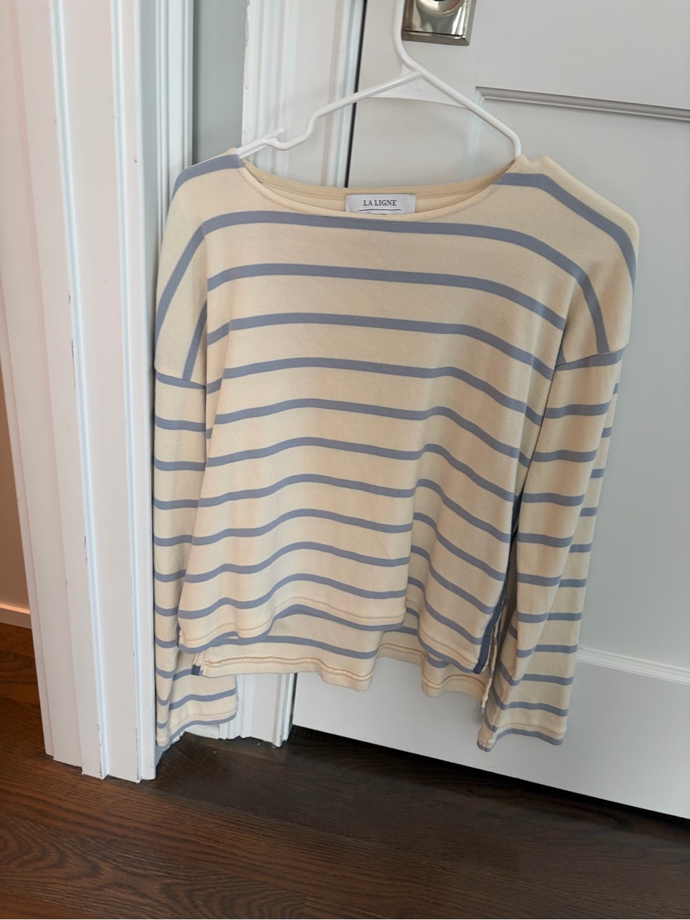 La Ligne Cream and Light Blue Striped Boatneck Top